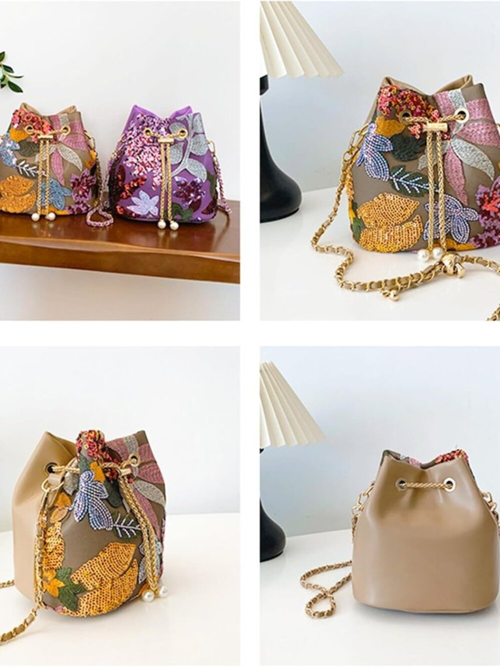Crossbody Bags for Women, Hand Embroidered Leathers Tot Bag, Carry Handle Bucket - Picture 5 of 9